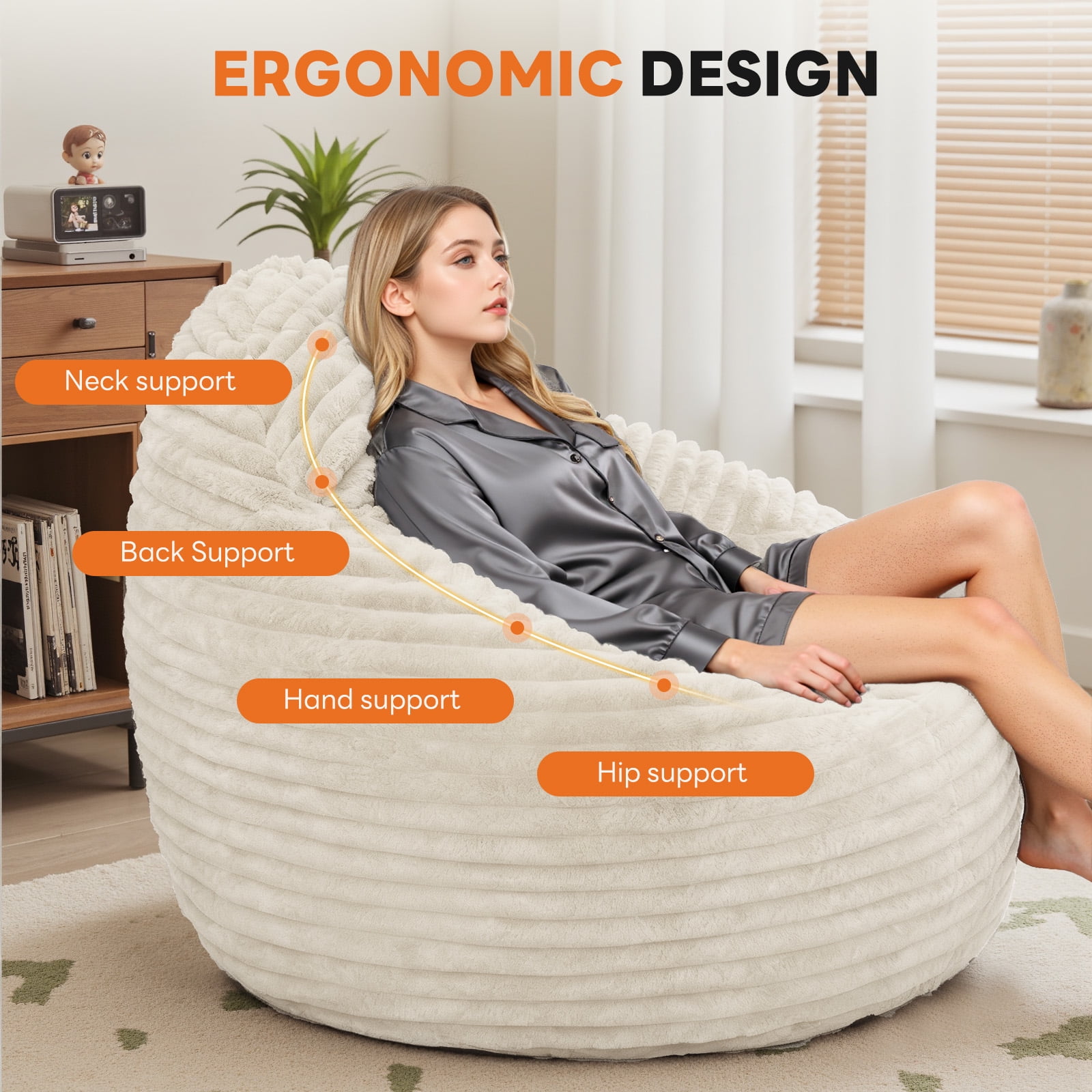 CONCETTA 39ft Sofa Bean Bag Chair , Oversized Beanbag for Adults with Soft Removable Cover, Light brown