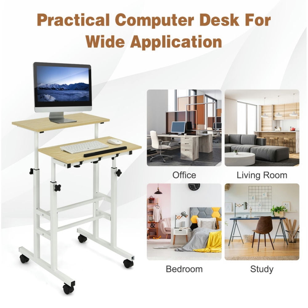 Spaco Height Adjustable Mobile Standing Desk with rolling wheels for office and home-Natural, Office Furniture, Portable Desk for Home and Office