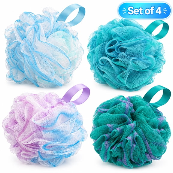 Shower Loofah Sponge 4 Pack, 75g Each Bath Sponges Mesh Loofah Balls, Body Scrubber Exfoliating Shower Puff with Hanging Loop, Back Scrubber for Men Women, Bathing Accessories