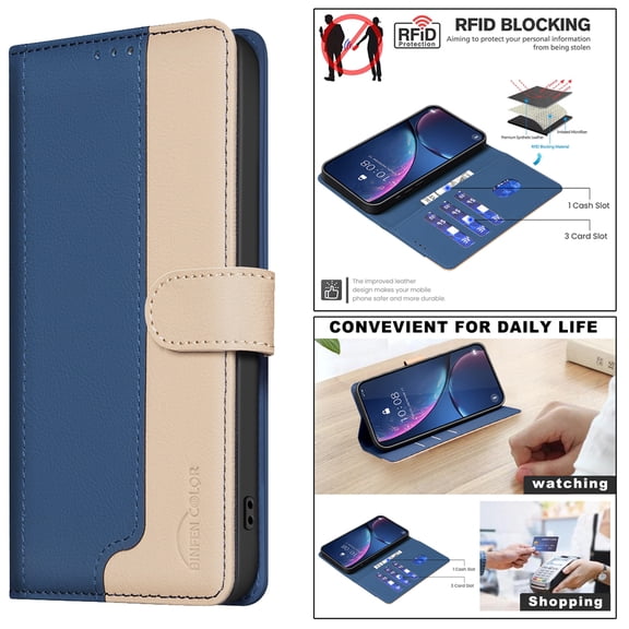 for iPhone 16 Pro Max Case, Color Blocking Design PU Leather [RFID Blocking] Wallet Case, Card Slots Flip Kickstand Full Body Protective Purse Phone Cover Compatible for iPhone 16 Pro Max, Blue