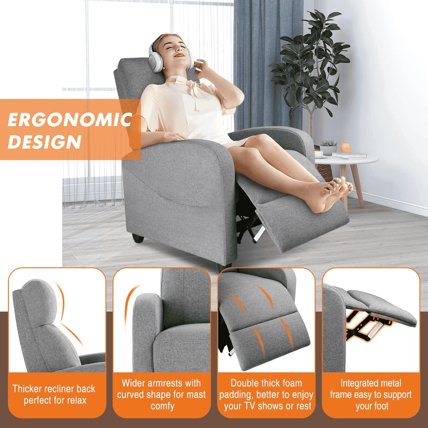 MAYEERTY Manual Recliner Chair Single Sofa, Massage and Heating, Adjustable Backrest, Leather Casual Chair for Living Room