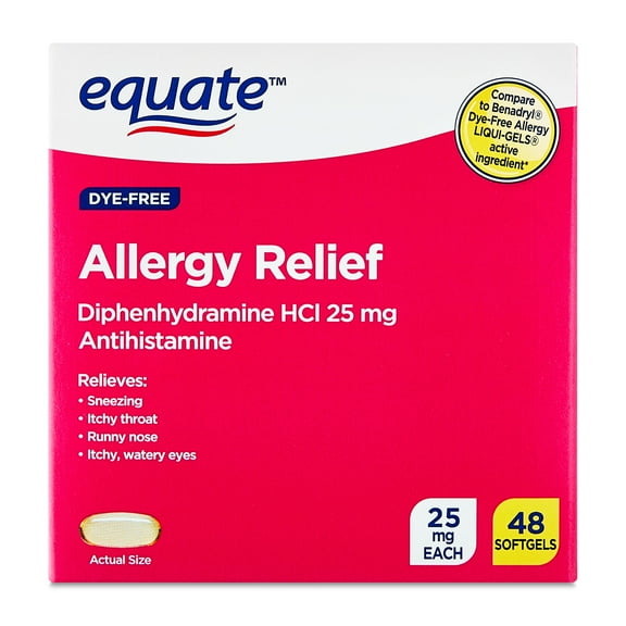 Equate Dye-Free Allergy Relief Softgels, Diphenhydramine HCl 25 mg, 48 Count