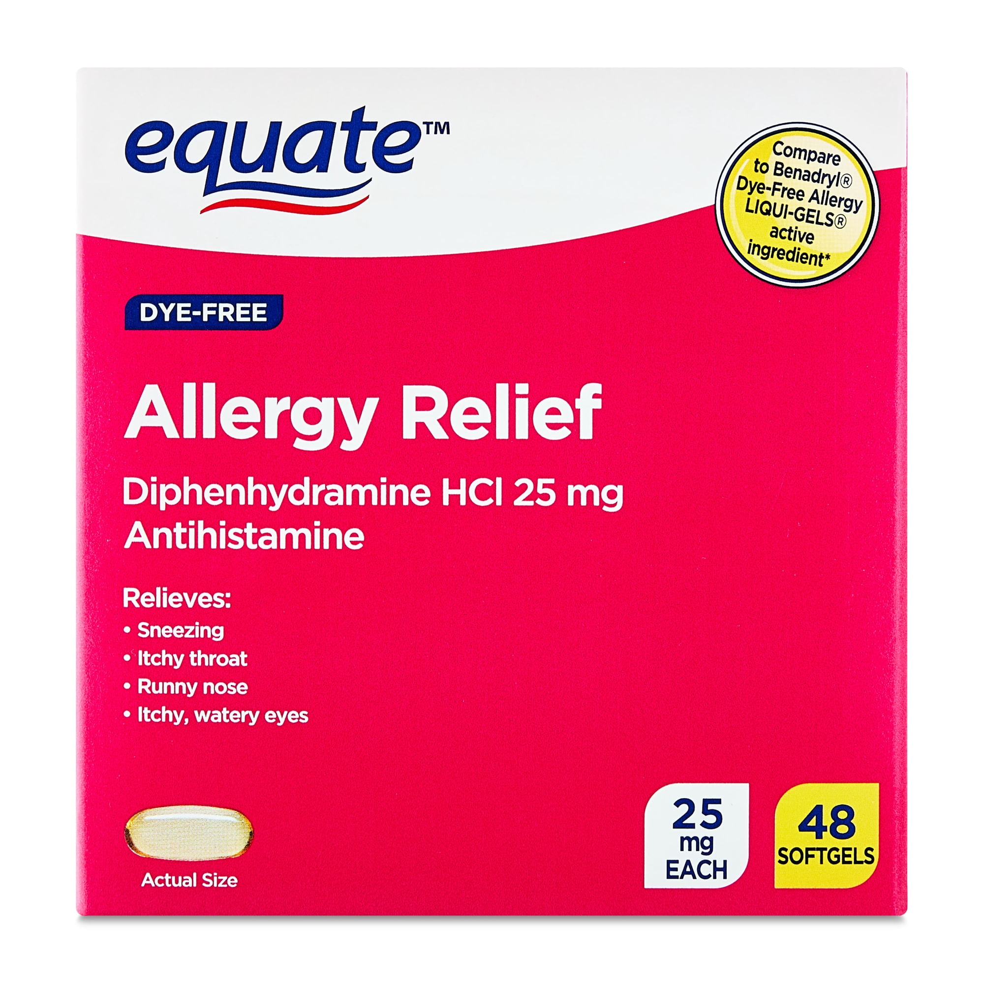 Equate Dye-Free Allergy Relief Softgels, Diphenhydramine HCl 25 mg, 48 Count