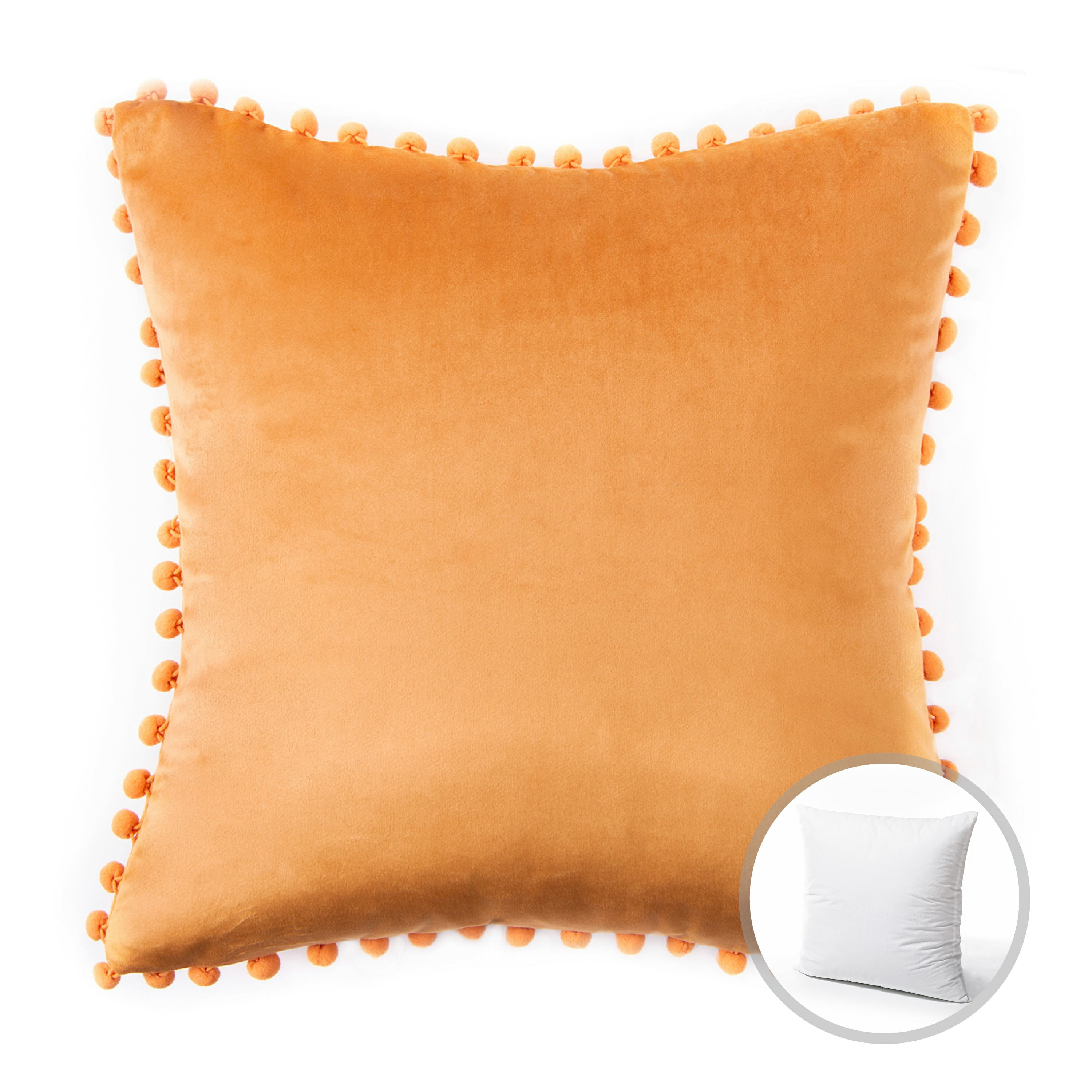 Phantoscope Designer's Choice Decorative Throw Pillow Set, Fluffy Faux Fur & Pom Pom Velvet Bundle, for Sofa Couch Bedroom, 18" x 18", Off White Fur and Orange Velvet, 2 Pack