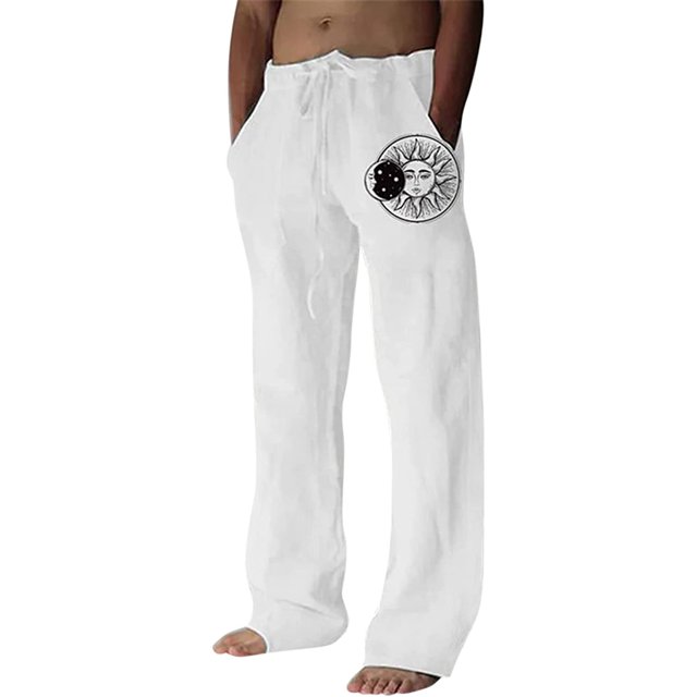 Pantalones casuales de lino para hombre, estampado de mariposas y pájaros, talla grande, sueltos, ligeros, elásticos, con cordón, para exteriores, playa, yoga blanco (019-white) 3XL blanco (019-white) Xishao ropa