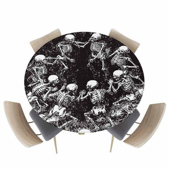 Round Fitted Tablecloths with Elastic Edge Retro Halloween Scary Skull Skeleton Waterproof Wipeable Table Cover for Kitchen Dining Party Decor Monochrome Horror Silhouette Table Clothes,36" - 44"