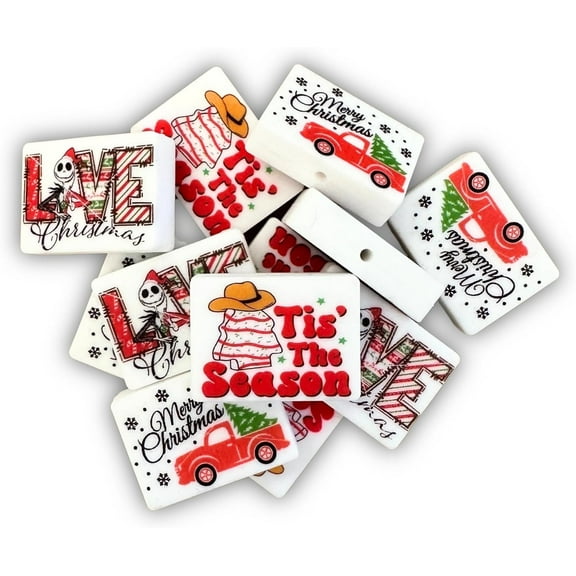 Christmas Silicone Focal Bead Set  12 Pc Mixed Pack Nightmare Jack Little Tree Cake Truck Bulk Wholesale Holiday Cute Sayings Tis The Season Keychain Making Kit Beaded Pen Freshie Hanger