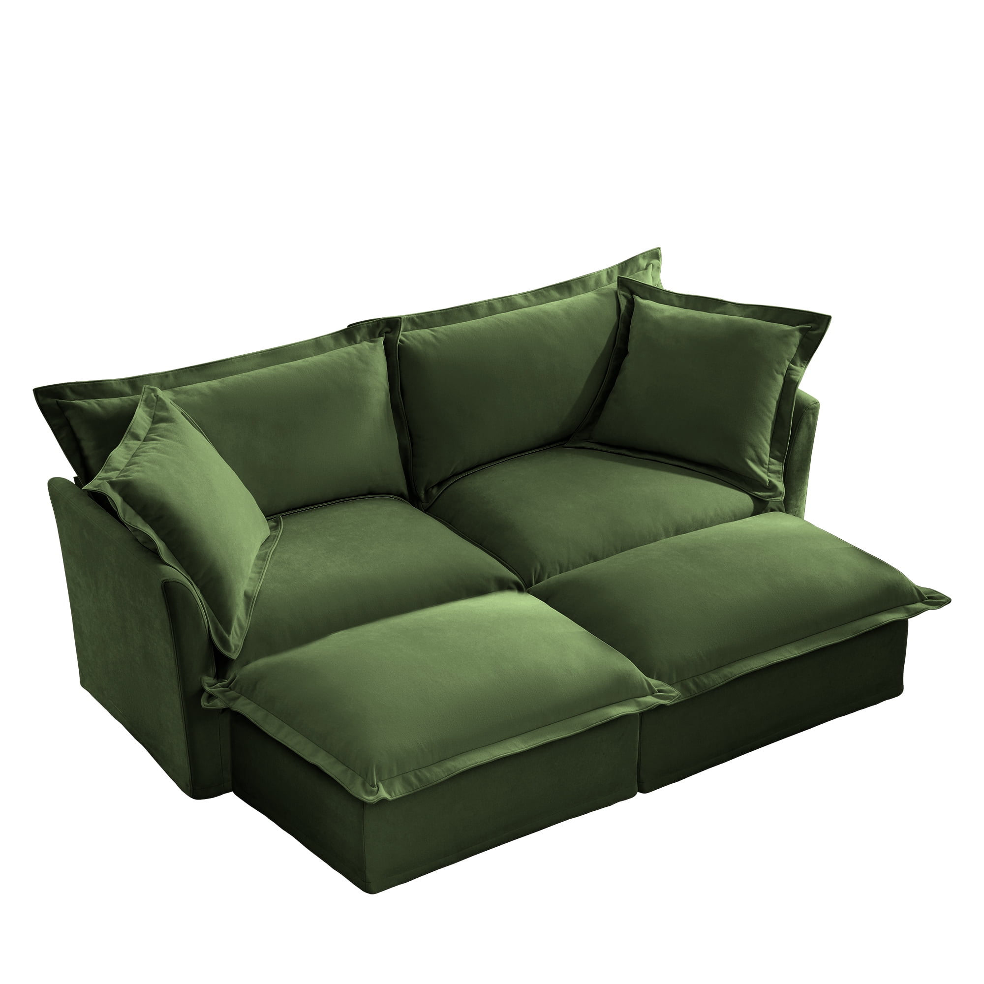 Gewnee Modern Deep Seat 2 Seater Sofa With 2 Ottomans, Slipcovered Chenille Green For Living Room,