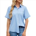 thumbnail image 3 of Camisa Informal de Corta con Botones para Mujer, Blusa de Trabajo con Cuello y Bolsillo Azul S, 3 of 9