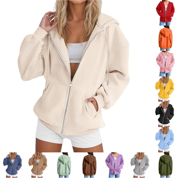 WERYOUNG Zip Up Hoodies For Women Casual Solid Color Hooded Long Sleeved Sweatshirts With Zipper Pocket Fall Winter Comfortable Tops L