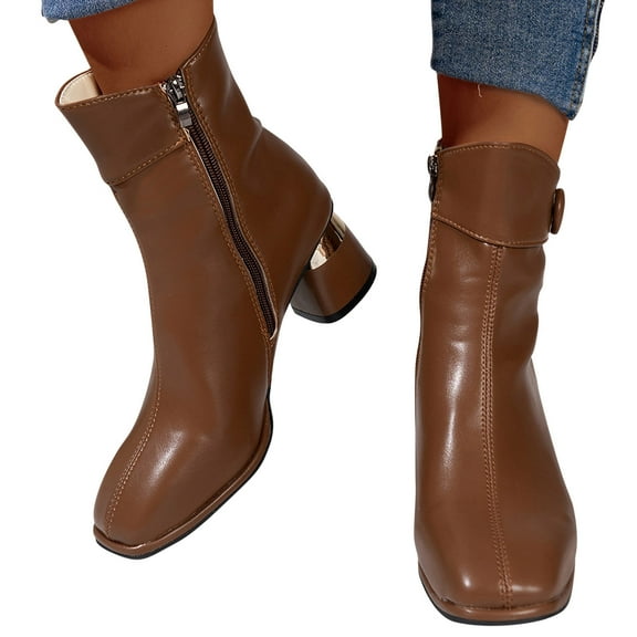 Lovskoo 2024 Women's Middle Mid Calf Boots Pointed Toe Chunky Heel Short Boots Side Zipper Medium High Heel Dressy Boots Brown
