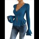 thumbnail image 2 of Camiseta Elegante de Larga con Cuello en V para Mujer, Otoño e Invierno, con Volantes, Corte Entallado y Mangas Acampanadas Azul L, 2 of 9