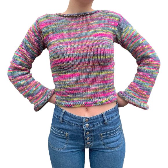 Chandail Court en Tricot à Rayures Arc-en-Ciel pour Femmes, Ajusté, Manches Longues Évasées, Coupe Évasée