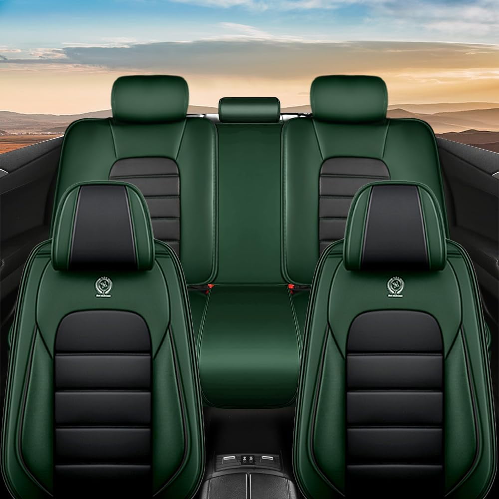 AFUNTIO Leather 5 Seat Covers for Chevy 99% Models,Car Seat Cushions Full Set,Waterproof Car Sit Protectors,Nonslip Interior Accessories(Black and Green)