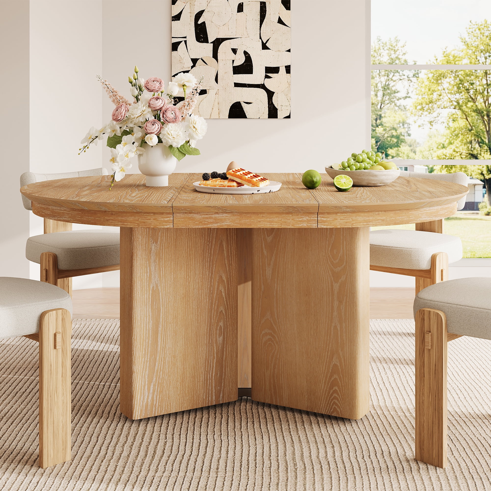 42-58 Inch Extendable Oval Dining Table with Pedestal Base, Modern Farmhouse Kitchen Table and Dining Room Centerpiece, Natural