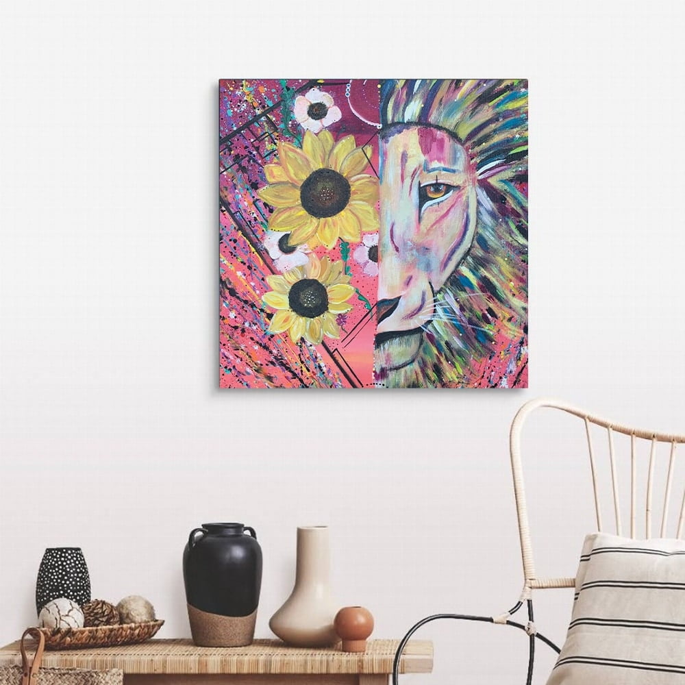 Lion Flower Splatter Design by Artist Sarah Wahl - 14"x14" Canvas Artwork 30 x 30
