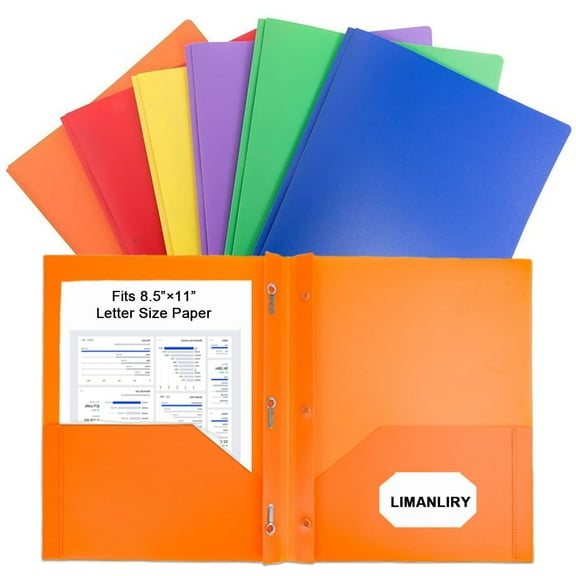 Plastic Folders with Pockets and Prongs, 6 Pack Multicolor Two Pocket Folders for Documents, Office Supplies, Assorted Colors