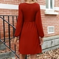 thumbnail image 4 of WTOBBY Women's Fashion Round Neck Casual Slim Solid Waist Long Sleeve Dresses - Elegant and Fitted Dress with Waist Accent, Perfect for Slimming Silhouettes or Office Wear,Red L, 4 of 5