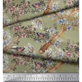 thumbnail image 2 of Soimoi Green polyester Crepe Fabric Blue Floral & American Robin Bird Printed Fabric 1 Yard 52 Inch Wide, 2 of 3