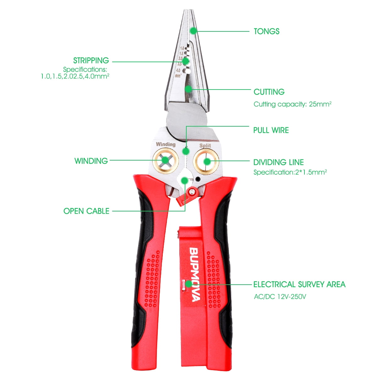 BUPMOVA 8-in-1 Wire Stripper/Cutter with Voltage Tester, Cable Strippers/Cutters with Plier, Crimper(12-250V), Splitting, Wire Stripping Tools for 10-18 AWG for Electrician Work, Car Repair, DIY Tool