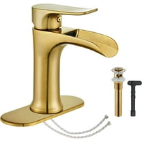 Brushed Gold Bathroom Faucet,Yundoom Waterfall Bathroom Faucet Brushed Gold,Pop Up Drain Bathroom Sink Faucet,Single Handle Bathroom Faucets,Faucet for Bathroom Sink,Vanity Farmhouse Bathroom Faucet