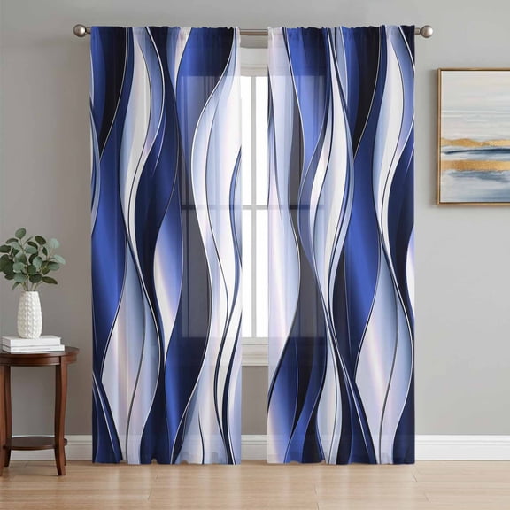 Navy Blue Striped Ombre Sheer Curtains 72 Inch Length 2 Panels Set, Modern Blue Moire Geometric Voile Window Treatment Rod Pocket Curtains Sheers Drapes for Bedroom/Living Room/Kitchen 52"x72"x2