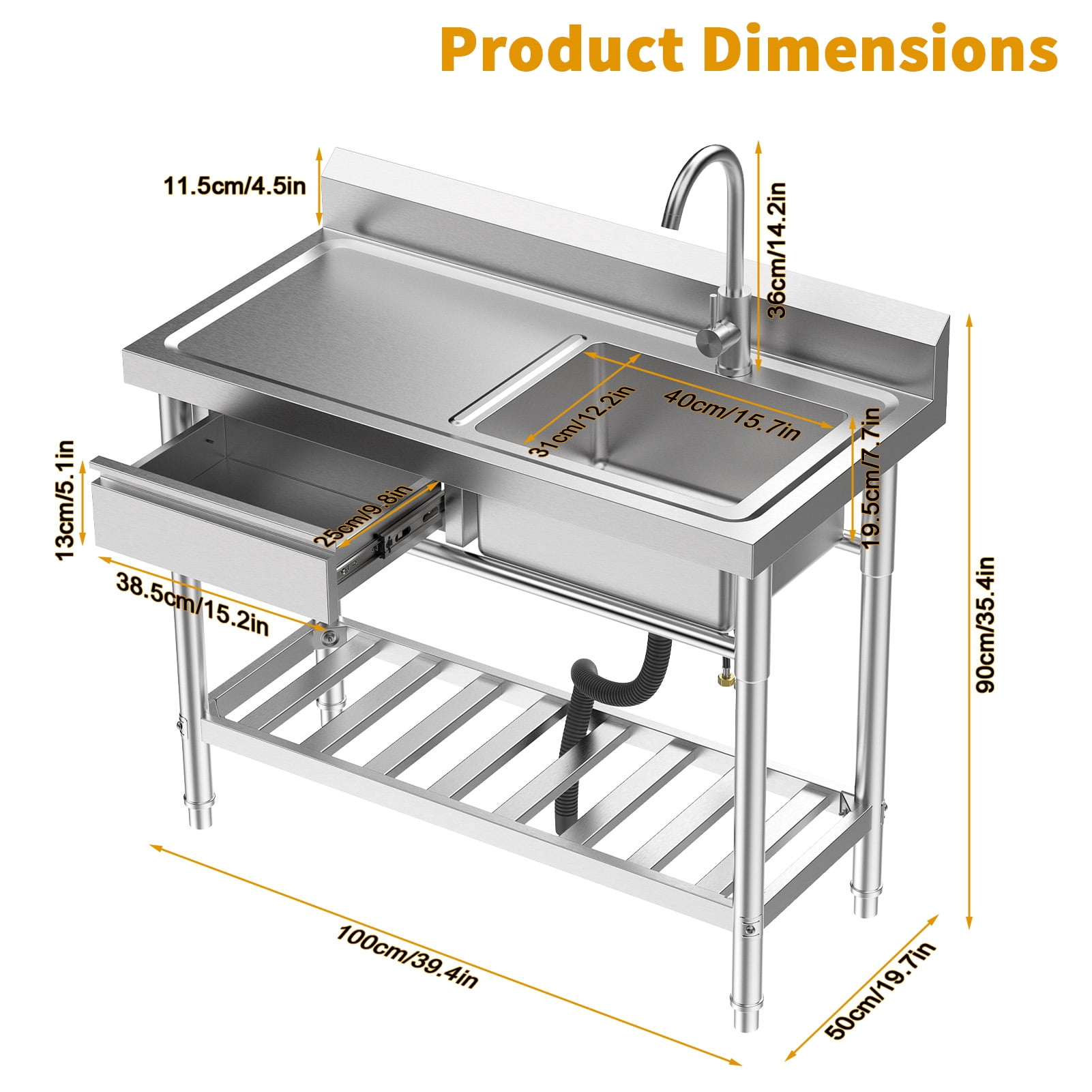 Thehsnt 39-Inch Stainless Steel Sink with Drawer & Shelf – Free Standing Utility Sink with Hot/Cold Faucet for Kitchen, Laundry, Outdoor