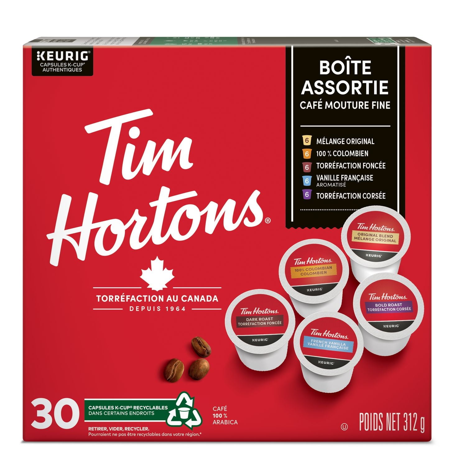 Tim Hortons Dosettes de café à usage unique, paq. de 30 variété Keurig Capsules K-Cup 30ct