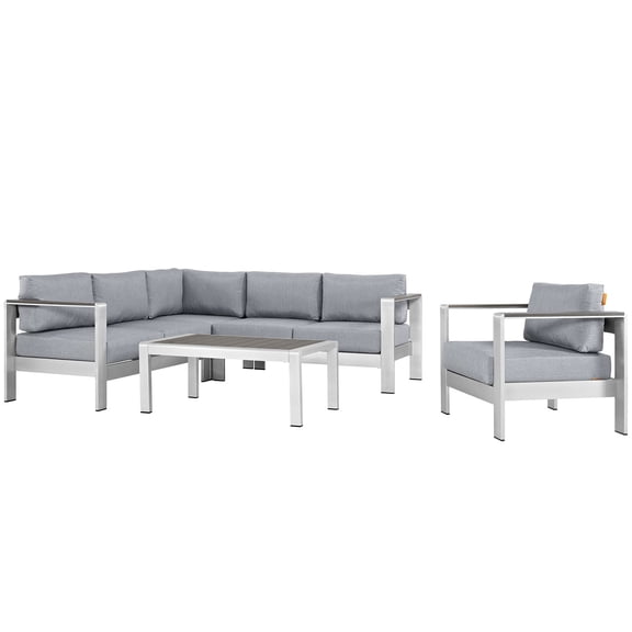 Modway Shore Outdoor Patio Aluminum 5 Piece Deep Sectional Seating Group with Cushions