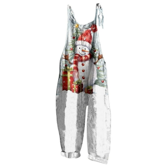 Women's Christmas Snowman Print Adjustable Strap Jumpsuit Wide Leg Loose Jumpsuit