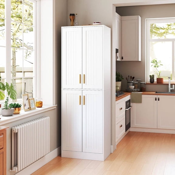 Tall Freestanding Floor Storage Cabinet with 4 Doors and 2 Adjustable Shelves, White