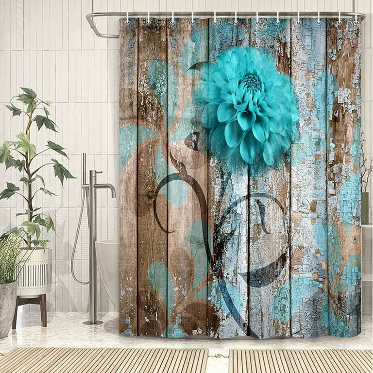 Rustic Flower Shower Curtain Teal Fl Dahlia Barn Wood Farmhouse Set Country Turquoise Blue Brown Fabric With Hooks Boho Bathroom 69x70inch Com
