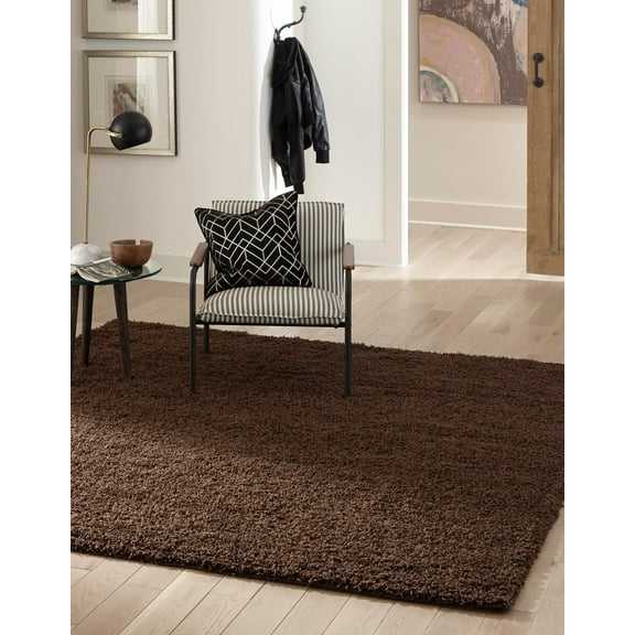 Rugs.com Solid Shag Collection Rug – 8 Ft Square Chocolate Brown Shag Rug Perfect For Living Rooms, Kitchens, Entryways