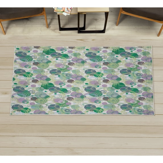 Abstract Decorative Rug, Hand Drawn Sketchy Geometrical Retro Modern Circles Image Illustration, Quality Carpet for Bedroom Dorm and Living Room, 6 Sizes, Sea Green, by Ambesonne