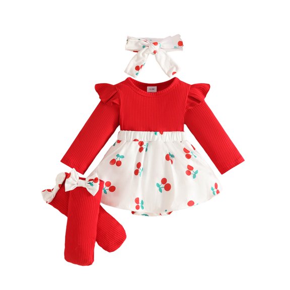 UYYX Ropa De Bebe NiñA Baby Girls Flutter Sleeve Cherry Print Ribbed Skirt Romper Set Long Sleeve Spring Newborn Daily(3-6 Months,Red)