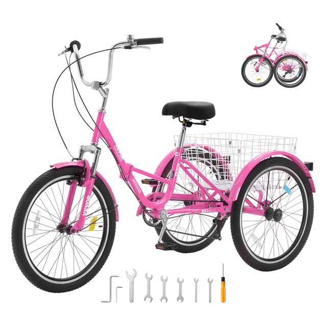VEVOR Triciclo plegable para adultos, 24 pulgadas, 7 velocidades, bicicleta de crucero de 3 ruedas de acero al carbono con canasta y asiento ajustable, triciclos plegables para ir de compras, picnic