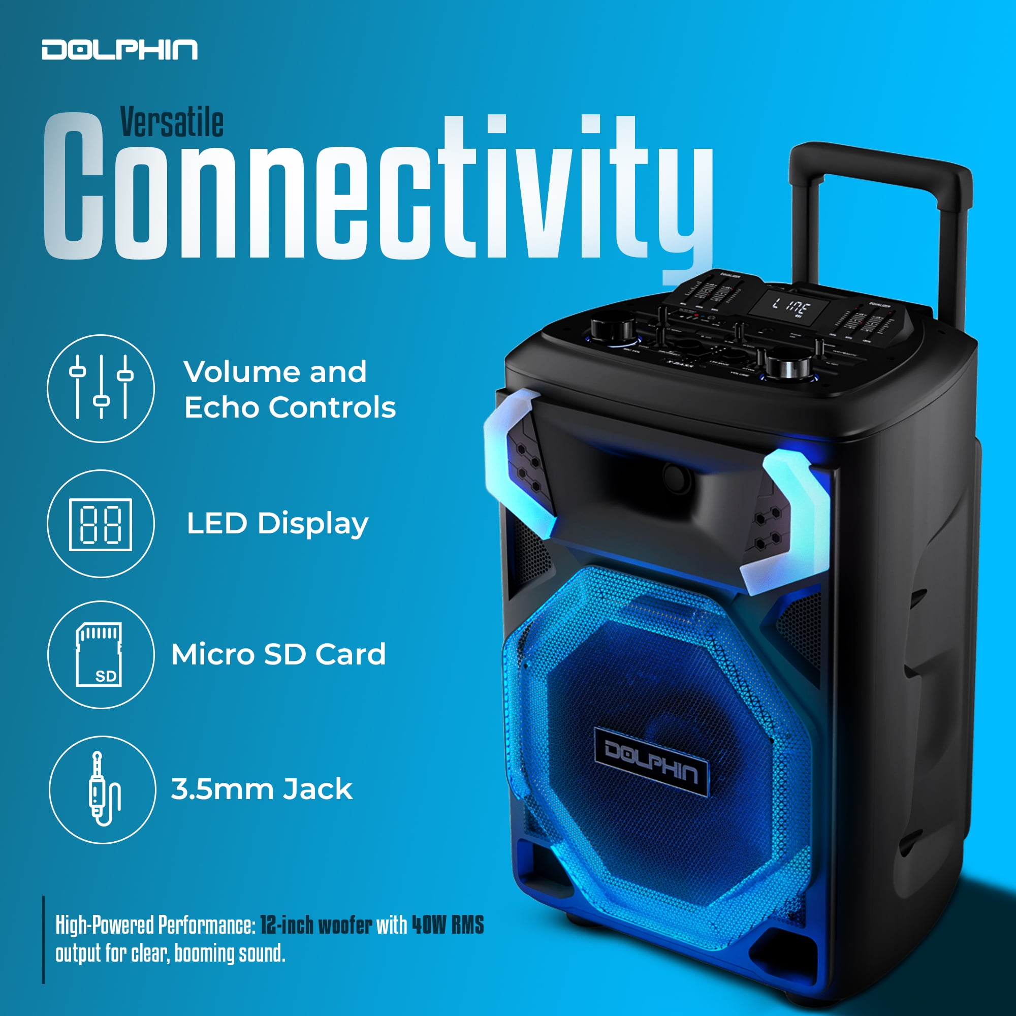 Dolphin SP-3112RBT High Powered Portable Bluetooth Speaker – 12-Inch Woofer, TWS, X-BASS, UHF Microphone, Dynamic LED Lights, Long Lasting Battery