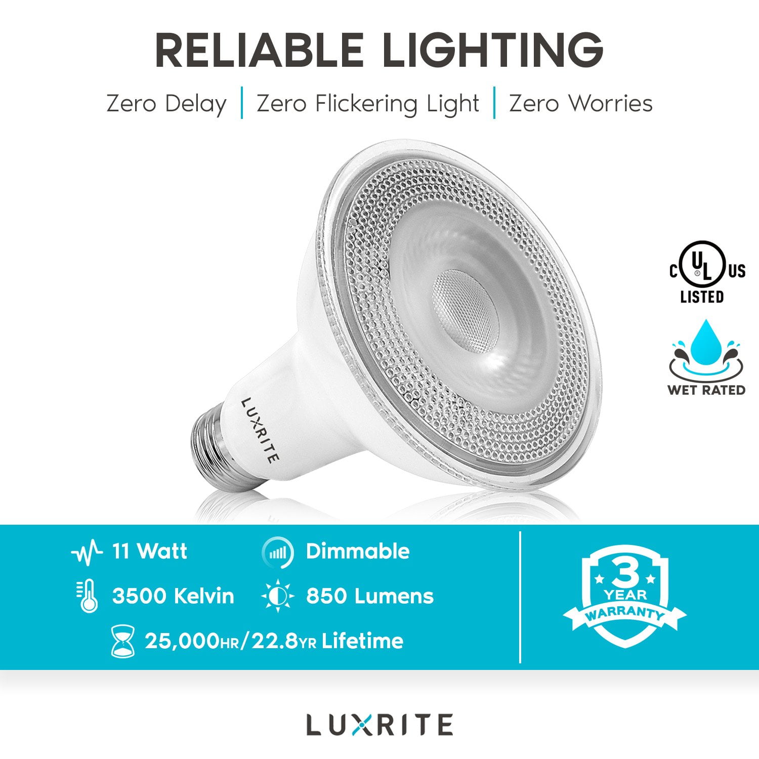 Luxrite 4-Pack LED PAR30 Flood Light Bulb 3500K Natural White 850 Lumens 11W Dimmable Wet Rated E26 Base UL Listed