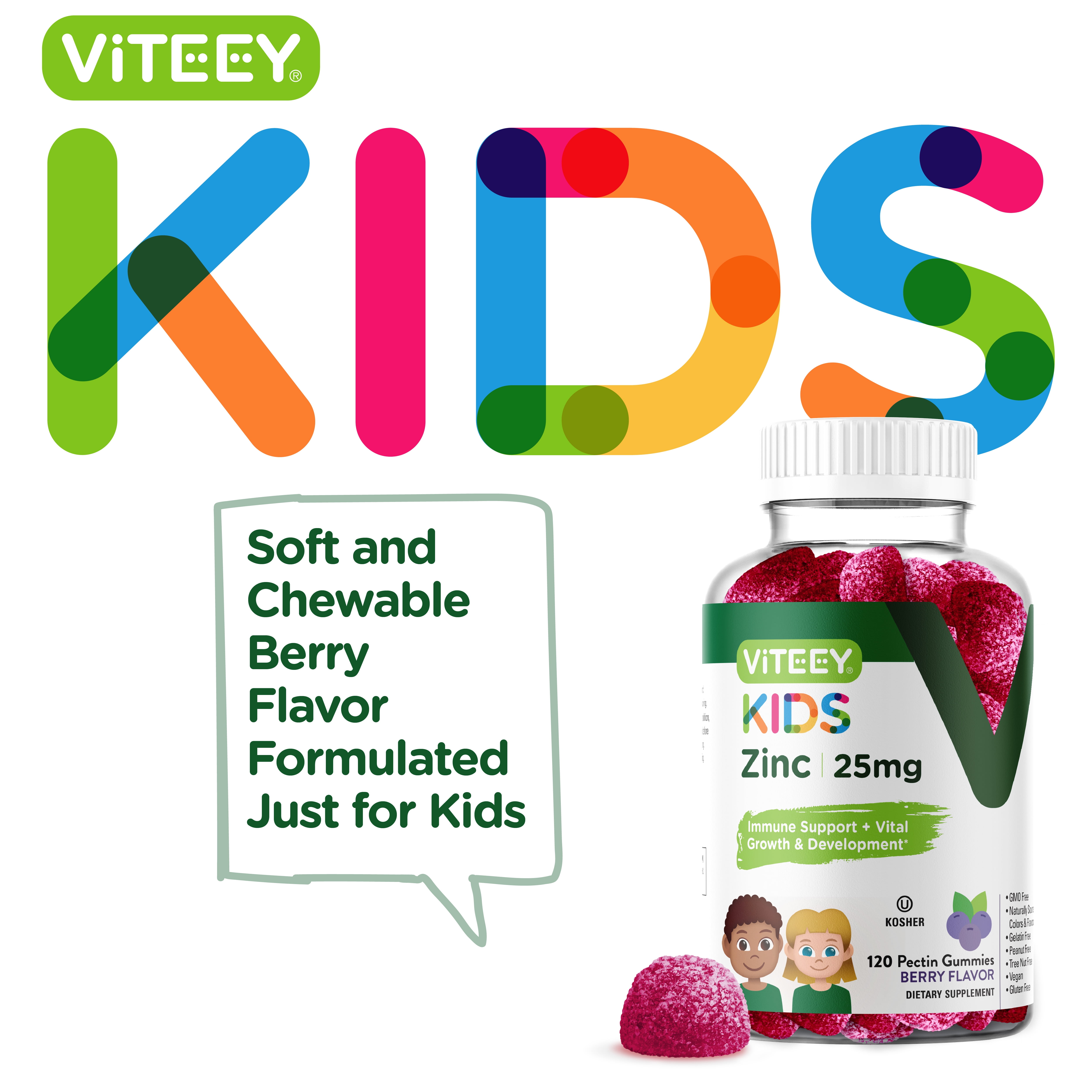 VITEEY Kids Zinc Gummies 25mg, Kids Immune Support Zinc Supplement, Berry Flavor, 120 Ct