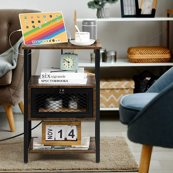 Bedroom End Table Rustic Brown Nightstand with Drawer Storage & Charging Station