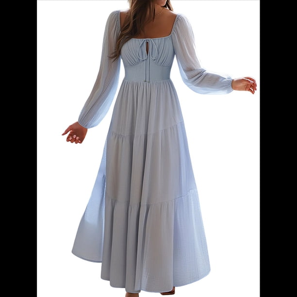 Vestido Bohemio Informal para Mujer, Estilo Resort, con Escote en U, Mangas Abullonadas y Corte A Azul XL