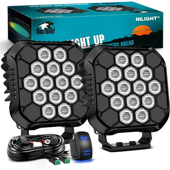 Nilight LED Pod Light 2 PCS 4.4 Inch 90 W 18 LED Square Hyper Flood Beam Offroad Driving Lights w/14 AWG Rocker Switch Wiring Harness Kit for Truck Motorbike Boat ATV UTV