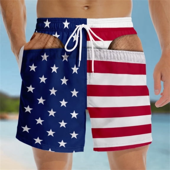 Funny Patriotic Men Swim Trunks Funny America Flag Beach Shorts Legs 3D Print Patriotic Swim Trunks Thong Gag for Pool Parties