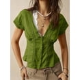 thumbnail image 4 of Women'S Lace Trim V Neck Blouse Short Sleeve Shirred Shirt Tops Summer Vacation Clothes Green XS, 4 of 6