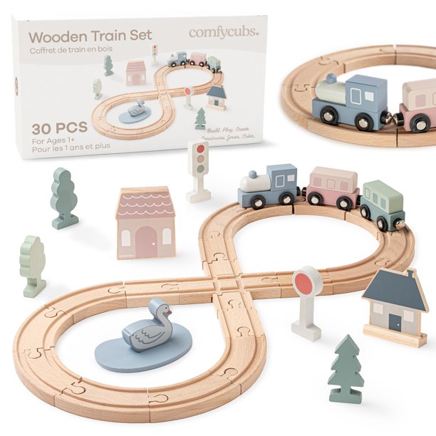 Circuito de tren de madera Comfy Cubs, juguete para niños pequeños de 30 piezas