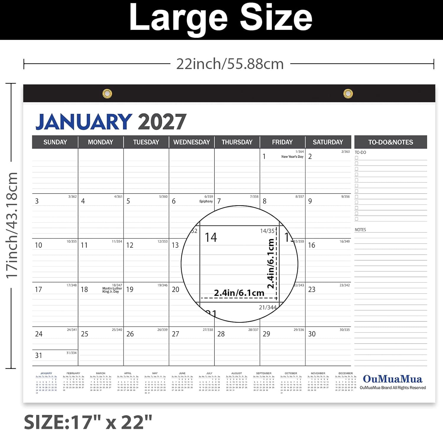 Large Desk Calendar 2026-2027 - 19 Months from Jun. 2026 through Dec. 2027, 22 x 17 Inches Desktop Wall with Julian Date To-do & Notes, Corner Protectors for School Home Office