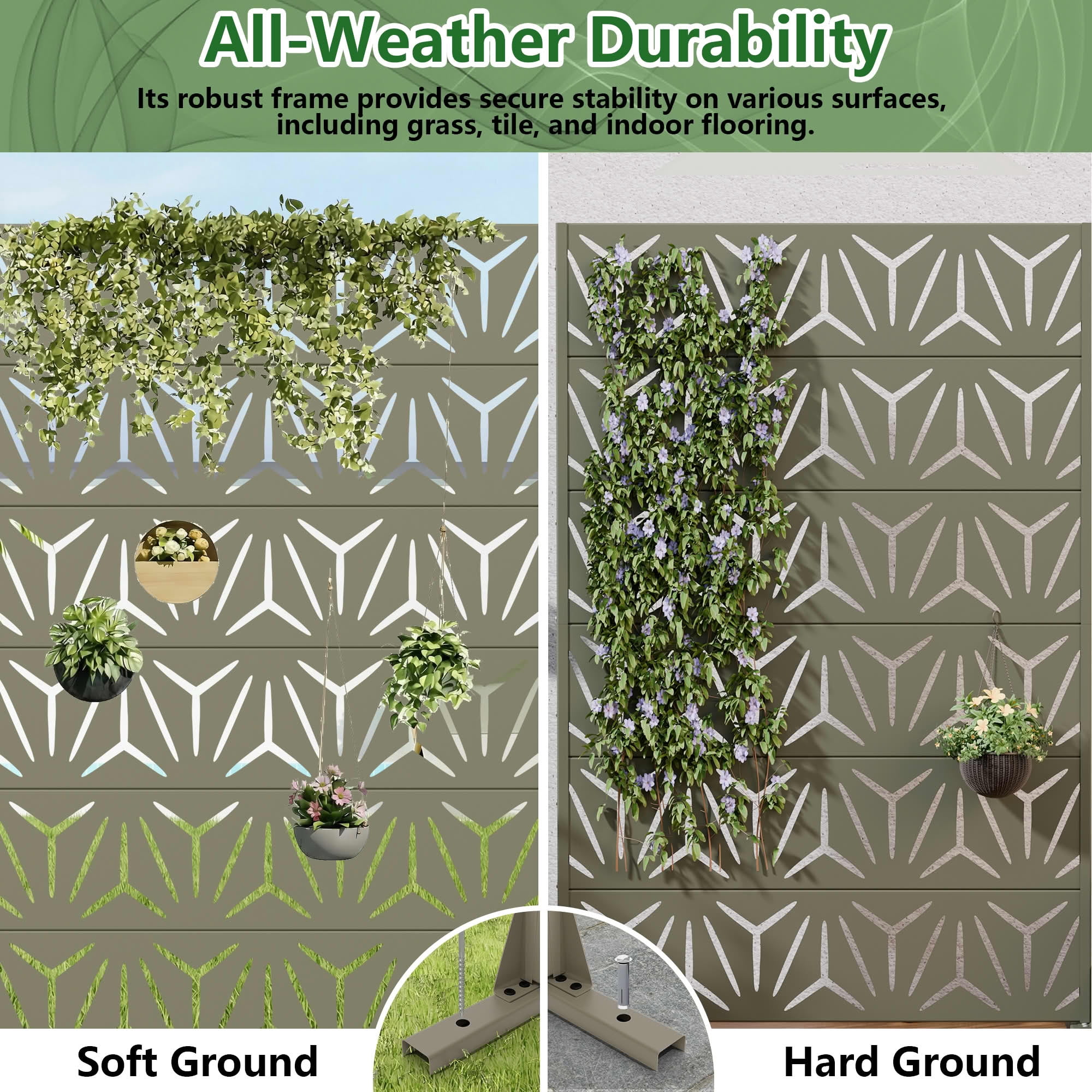 MAYEERTY Outdoor Metal Privacy Screen 6ft × 4ft Olive Gray, 6-Panel Geometric Y-Pattern Decorative Screen for Patio