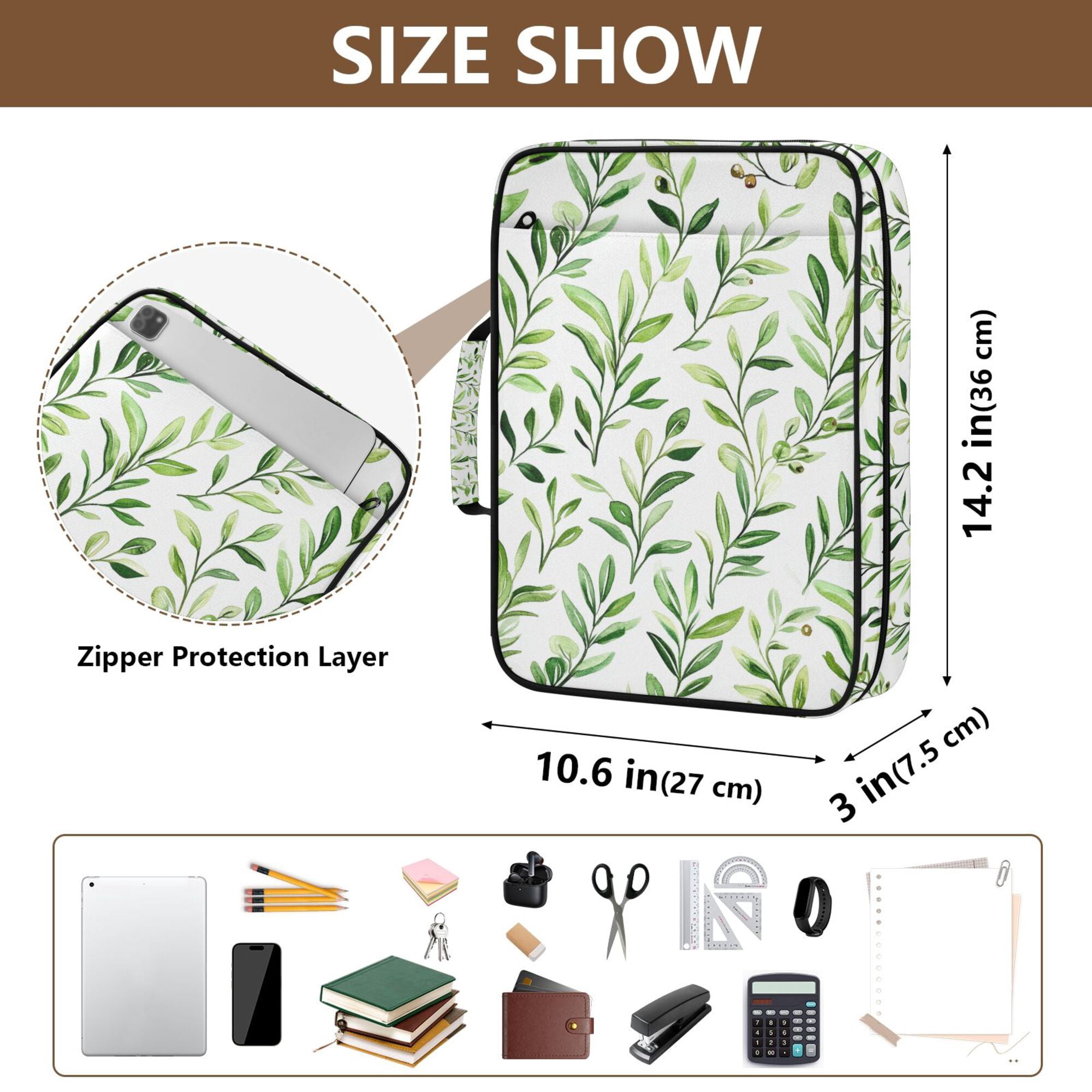 FORMRS Accordion File Folder A4 Size 7-Pocket Expanding Document Organizer Bag with 3 Ring Binder, Green Leafy Pattern