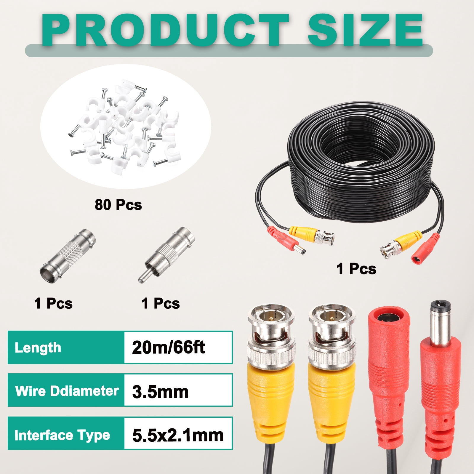 BNC Video Power Cable,20m/66ft All-in-One Security Camera Wire,1 Set Black
