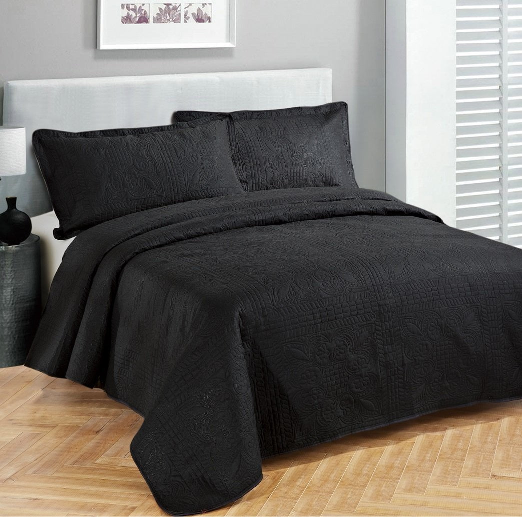 Fancy collection 3pc Bed Spread Embossed Bedsocover Solid Over size King / California king Black